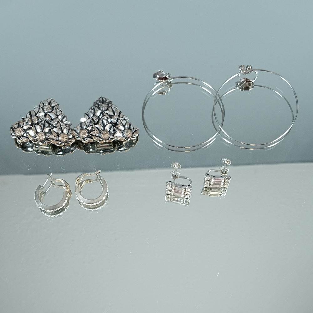 Rhinestone Earrings Lot Silver Tone Flower Hoop Clip On Pierced Jewelry‎